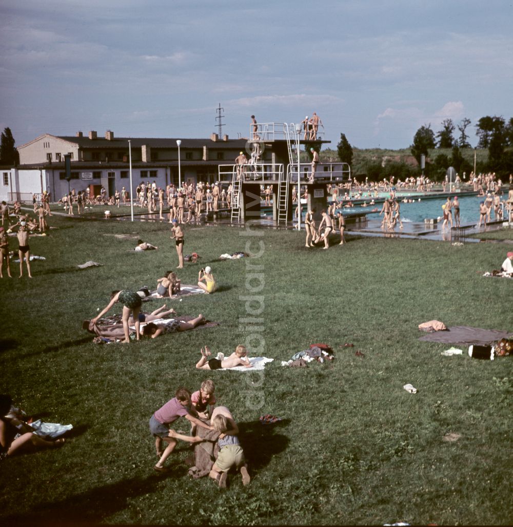 DDR-Fotoarchiv: Berlin - Freibad mit Liegewiese, Schwimmbecken und Sprungturm in Berlin in der DDR